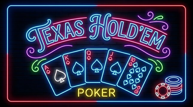 Bright neon sign featuring a royal flush hand of cards for texas holdem poker against a dark brick wall background