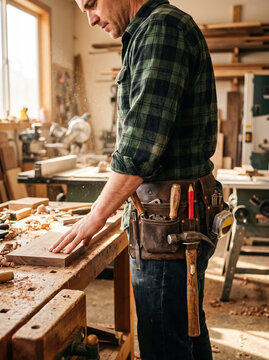 Bearded carpenter wearing a leather tool belt with chisels and hammer examines a wooden plank in a rustic sunlit woodworking workshop.