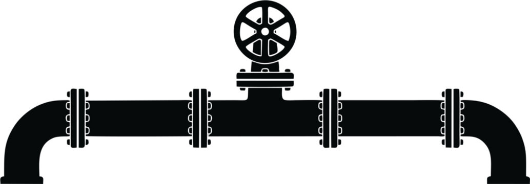 Black Silhouette Industrial Pipeline with Gate Valve and Flanged Joints &mdash; Flat Vector Icon of Oil Gas Water Pipe System with Handwheel Valve for Engineering and Infrastructure Design