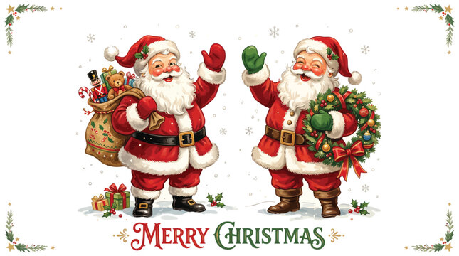 Two cheerful Santa Clauses waving with gifts and decorations in a festive holiday setting scene
