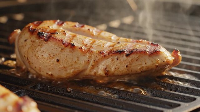 Juicy grilled chicken breast cooking on a hot outdoor grill