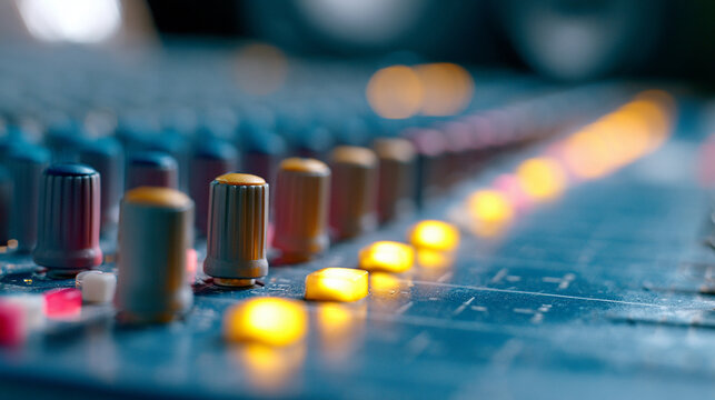 Professional Audio Mixing Console Board With Colorful Knobs And Soft Lights
