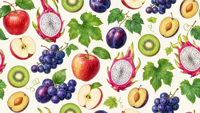 Seamless fruit pattern including apples, plums, kiwi slices, dragon fruit, and grapes on a light background