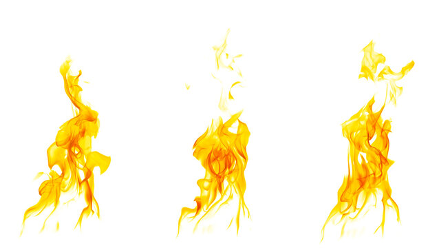 Realistic fire flame isolated on white background. High resolution blazing fire element with transparent style for compositing, visual effects, design projects, heat, energy, burning, and dramatic cre