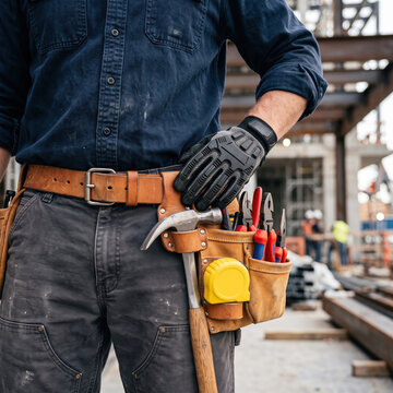 Close-up of a construction worker's tool belt holding a hammer, pliers, and tape measure, standing at an active building site with wearing gloves.