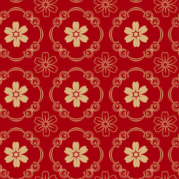 Elegant red seamless background with golden Chinese flower pattern.