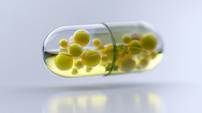 Transparent Medicine Capsule Floating Containing Bioactive Nanoparticles On Blurred Background

