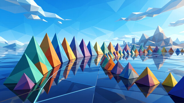 Minimalist 3D Polygonal Pyramid Scene with Clear Blue Sky Background