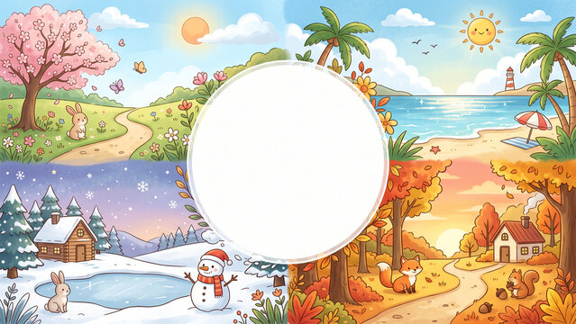 Four seasons watercolor full landscape illustration background