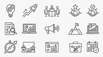 Fototapeta premium Corporate Business Strategy Icons Set Black and White Line Art Illustrations Featuring Concepts Like Planning Growth Teamwork and Analytics