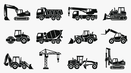 Obraz premium Corporate Collection of Black and White Construction Equipment Icons Featuring Excavators Trucks Cranes and Heavy Machinery