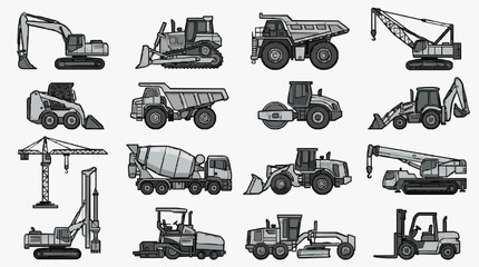 Corporate Collection of 20 Monochromatic Construction and Heavy Machinery Vehicles in Grayscale Icons © Ahmad