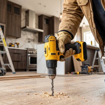 Close-up of a power drill boring into a wooden plank floor with sawdust scattering, set inside a home under renovation with a modern kitchen. Home renovation concept