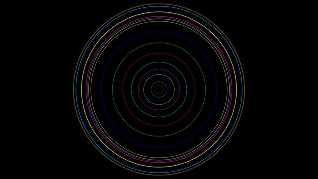 Abstract animation of colorful neon dashed circles rotating and expanding against a dark background