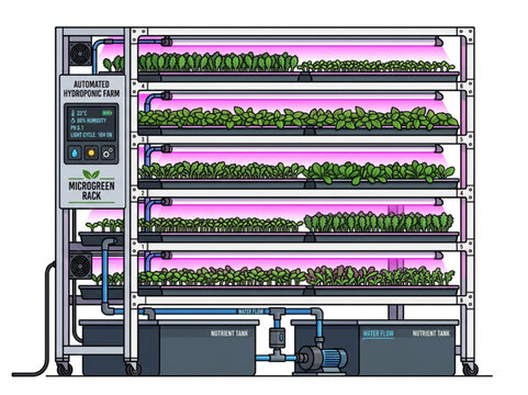 Minimalist Cel Shaded Urban Agriculture AgTech Food Production Graphic Icon, "Created with AI assistance and manually refined."