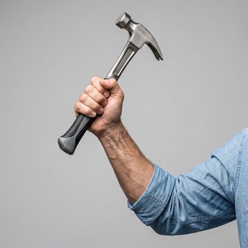 A muscular arm holds a steel hammer raised and ready to strike, isolated against a plain gray background, showcasing hand tool craftsmanship.