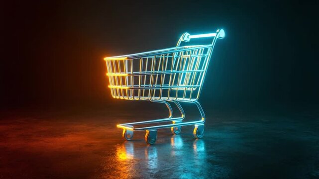 Neon shopping cart on dark surface