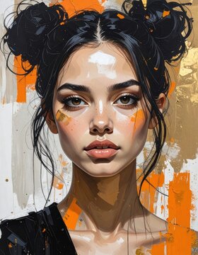 A digital portrait of a young woman with dark hair styled in two buns, featuring vibrant orange and beige abstract brushstrokes in the background.
