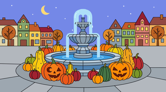 Halloween Pumpkins Decoration Around Town Square Fountain at Night