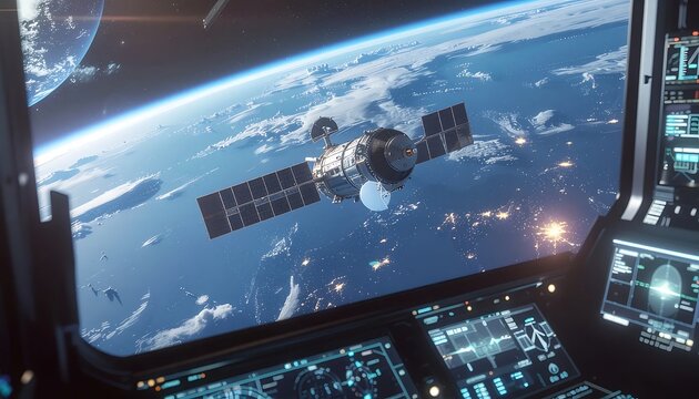 Futuristic spacecraft orbiting Earth with advanced control panel view