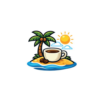 premium tropical island vector illustration featuring a palm tree, sandy beach, ocean waves, and bright sun. Minimal flat design with smooth curves and clean composition. Organized layers Palm Tree, L