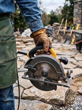 Construction worker in denim and canvas apron holds a spinning circular saw, standing outdoors near stacked stone slabs and wood planks.