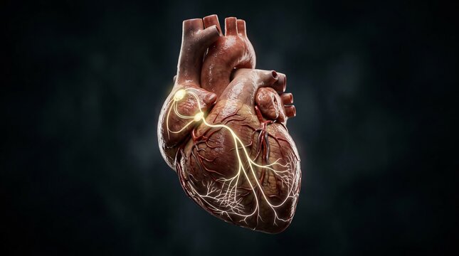 Human Heart Anatomy Detailed Medical Illustration Showing Electrical Pathways