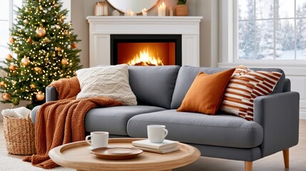 Fototapeta premium Cozy living room with glowing fireplace and decorated Christmas tree on snowy day