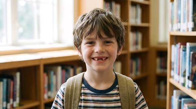 Happy boy reading book in school library smiling
