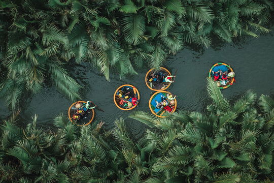 Aerial view of the natural scenery of basket boats on the Thu Bon River in Hoi An Ancient Town, Vietnam