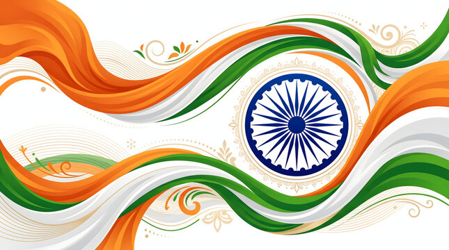 Happy Independence Day of India background with wavy tricolor flags and Ashoka wheel