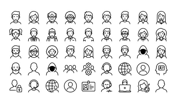 Avatar Line Icon Set with User Face Man Woman Profile Character and Identity Vector Collection