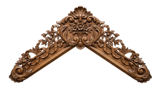 Ornate wooden pediment carving isolated on transparent background