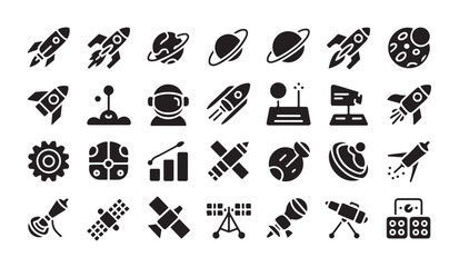 Fototapeta premium Space science and rocket launch icons collection with astronaut gear satellite observatory vector shapes.