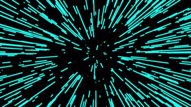 Cinematic warp speed travel visual on black background. Light speed streaks of tunnel fast moving. Hyper jump into another space flight through wormhole. Gradient energy lines moving from the middle.