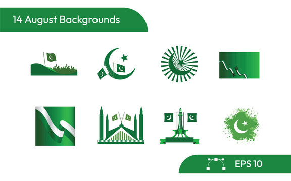 14 august pakistan day independence backgrounds collection and icons elements 