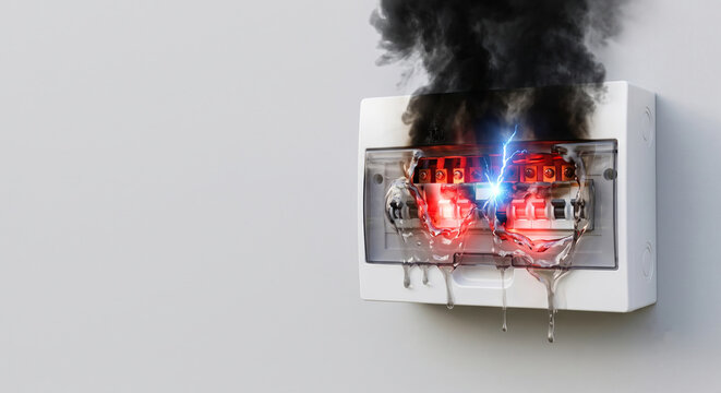 Domestic electrical fuse box overheating with black smoke and fire burning plastic.