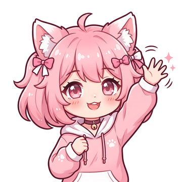 Chibi girl, cat ear, pink hair, waving hand say hi and goodbye