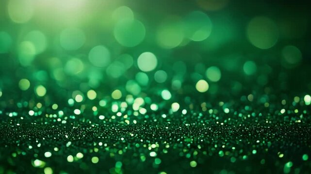 Green glittering bokeh lights with sparkling particles creating a festive effect