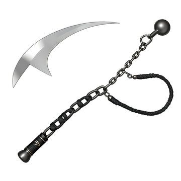 Kusarigama weapon with curved blade and chain for martial arts display and training.
