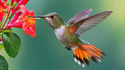 Fototapeta premium Hummingbird hovering mid flight sipping nectar from red flower wings spread vibrant colors