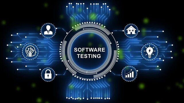 Software testing concept with digital hud interface, futuristic circuit board animation, cyber security data analysis, assurance automation, and network technology background, for it solutions
