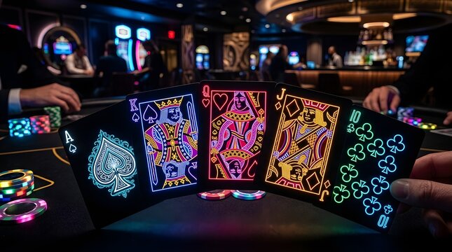 Five glowing neon playing cards held in a hand showing a winning royal flush poker hand inside a dark casino
