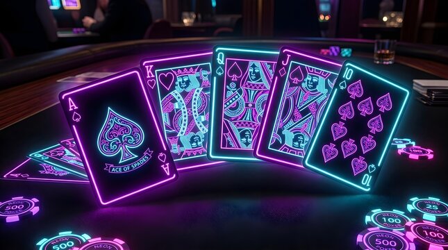 Royal flush playing cards with glowing neon outlines resting on a dark casino felt table during a late night game
