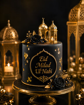 Luxury Eid Milad Ul Nabi Mubarak Celebration Cake with Islamic Gold Decorations