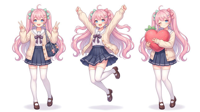 Anime girl poses, wear Japanese school uniform
