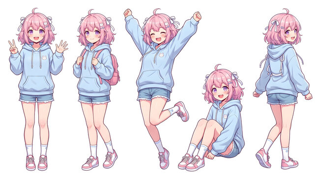 Anime style girl, blue oversized hoodie outfit
