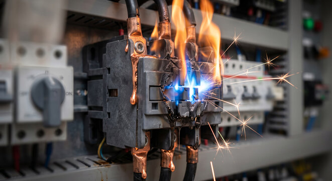 Industrial electrical contactor melting and sparking from catastrophic power overload.