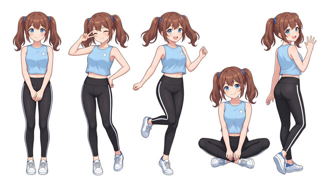 Anime style girl, blue sport outfit