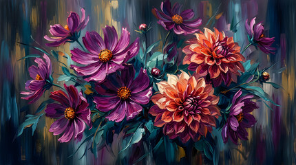 Fototapeta premium Vibrant floral artwork with purple and orange flowers